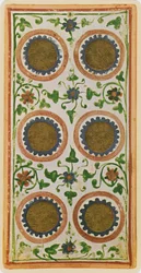 De Zes van Munten, facsimile van een tarotkaart uit het 